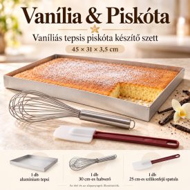 Vanília & Piskóta sütőszett 45 × 31 × 3,5 cm-es alumínium tepsivel, 30 cm-es habverővel és 25 cm-es szilikonfejű spatulával.