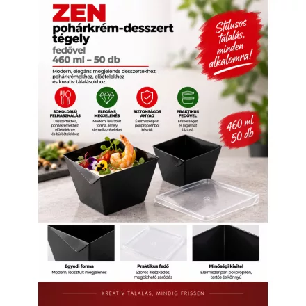 ZEN fekete pohárkrém-desszert tégely fedővel, 460 ml – 50 db