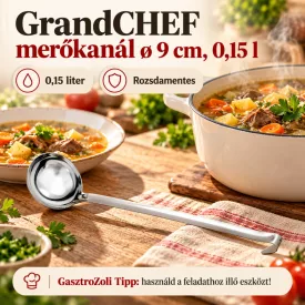 GrandCHEF merőkanál ø 9 cm, 0,15 l – edukáló kép használati tanácsokkal