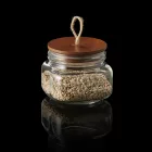 Zárható üveg tégely fa tetővel és zsinórral – dekoratív csomagoláshoz