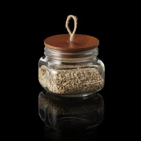 Zárható üveg tégely fa tetővel és zsinórral – dekoratív csomagoláshoz