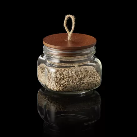 Zárható üveg tégely fa tetővel és zsinórral – dekoratív csomagoláshoz