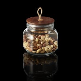 650 ml-es üveg tégely fa tetővel és zsinóros fogantyúval – ajándék csomagoláshoz