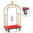 Bőröndszállító körbe gumis lökhárítóval integrált ruhatartó sínnel 3,8 cm-es titán arany csővázzal 2 forgós fékezhető és 2 db fix 15 cm kerékkel piros szőnyeggel