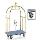 Bőröndszállító körbe gumis lökhárítóval integrált ruhatartó sínnel 3,8 cm-es titán arany csővázzal 2 forgós fékezhető és 2 db fix 15 cm kerékkel kék szőnyeggel