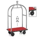 Bőröndszállító körbe gumis lökhárítóval integrált ruhatartó sínnel 5 cm-es csiszolt rozsdamentes csővázzal 2 forgós fékezhető és 2 db fix 20 cm kerékkel piros szőnyeggel