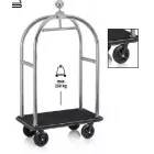 Bőröndszállító körbe gumis lökhárítóval integrált ruhatartó sínnel 5 cm-es csiszolt rozsdamentes csővázzal 2 forgós fékezhető és 2 db fix 20 cm kerékkel fekete szőnyeggel