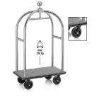 Bőröndszállító körbe gumis lökhárítóval integrált ruhatartó sínnel 5 cm-es csiszolt rozsdamentes csővázzal 2 forgós fékezhető és 2 db fix 20 cm kerékkel szürke szőnyeggel