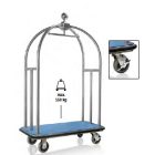 Bőröndszállító körbe gumis lökhárítóval integrált ruhatartó sínnel 3,8 cm-es csiszolt rozsdamentes acél csővázzal 2 forgós fékezhető és 2 db fix 15 cm kerékkel kék szőnyeggel