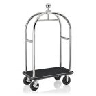 Bőröndszállító körbe gumis lökhárítóval integrált ruhatartó sínnel 5 cm-es polírozott rozsdamentes csővázzal 2 forgós fékezhető és 2 db fix 20 cm kerékkel fekete szőnyeggel