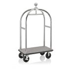 Bőröndszállító körbe gumis lökhárítóval integrált ruhatartó sínnel 5 cm-es polírozott rozsdamentes csővázzal 2 forgós fékezhető és 2 db fix 20 cm kerékkel szürke szőnyeggel