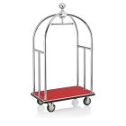 Bőröndszállító körbe gumis lökhárítóval integrált ruhatartó sínnel 3,8 cm-es polírozott rozsdamentes acél csővázzal 2 forgós fékezhető és 2 db fix 15 cm kerékkel piros szőnyeggel