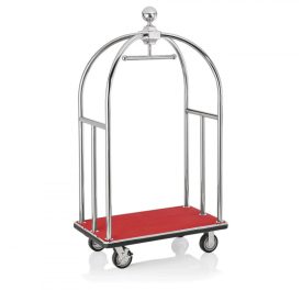   Bőröndszállító körbe gumis lökhárítóval integrált ruhatartó sínnel 3,8 cm-es polírozott rozsdamentes acél csővázzal 2 forgós fékezhető és 2 db fix 15 cm kerékkel piros szőnyeggel
