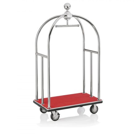 Bőröndszállító körbe gumis lökhárítóval integrált ruhatartó sínnel 3,8 cm-es polírozott rozsdamentes acél csővázzal 2 forgós fékezhető és 2 db fix 15 cm kerékkel piros szőnyeggel