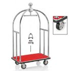 Bőröndszállító körbe gumis lökhárítóval integrált ruhatartó sínnel 3,8 cm-es polírozott rozsdamentes acél csővázzal 2 forgós fékezhető és 2 db fix 15 cm kerékkel piros szőnyeggel