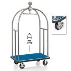 Bőröndszállító körbe gumis lökhárítóval integrált ruhatartó sínnel 3,8 cm-es polírozott rozsdamentes acél csővázzal 2 forgós fékezhető és 2 db fix 15 cm kerékkel kék szőnyeggel