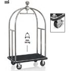 Bőröndszállító körbe gumis lökhárítóval integrált ruhatartó sínnel 3,8 cm-es polírozott rozsdamentes acél csővázzal 2 forgós fékezhető és 2 db fix 15 cm kerékkel fekete szőnyeggel