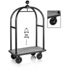 Bőröndszállító körbe gumis lökhárítóval integrált ruhatartó sínnel 5 cm-es fekete porszórt csővázzal 2db forgós fékezhető és 2 db fix 20 cm-es kerékkel szürke szőnyeggel