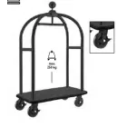 Bőröndszállító körbe gumis lökhárítóval integrált ruhatartó sínnel 5 cm-es acélszürke színű csővázzal 2 forgós fékezhető és 2 db fix 20 cm kerékkel fekete szőnyeggel