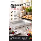 Alumínium tepsi 38×25×3,5 cm – egyenletes sütés, sütőben használható, mosogatógépben nem mosható.
