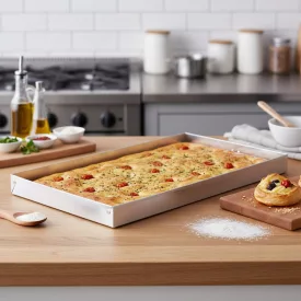 Alumínium tepsi 42×28,5×3,5 cm – gyors, egyenletes sütés; sütőben használható; mosogatógépben nem mosható.