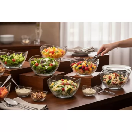 svédasztalos büfé üveg tálakkal és kínálással