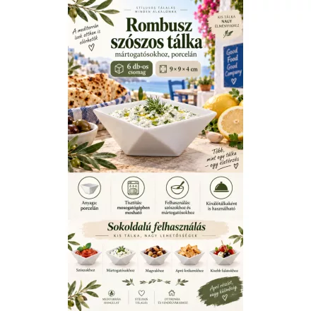 Porcelán rombusz tálka szószok, mártások és mártogatósok tálalásához