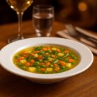 oj fehér porcelán 23 cm-es leveses mélytányér teljes szélével látható, benne színes zöldségleves elegáns fine dining tálalásban