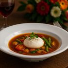 Boj fehér porcelán 23 cm-es leveses mélytányér elegáns fine dining tálalásban, színes zöldségleves buggyantott tojássa