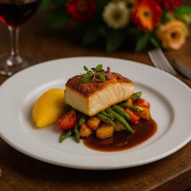 Boj fehér porcelán 26 cm-es főételes tányéron grillezett lazacfilé zöldspárgával, burgonyával és mártással, színes fine dining tálalásban, elegáns éttermi környezetben.