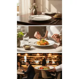 Boj fehér porcelán 26 cm-es főételes tányéron grillezett lazacfilé zöldspárgával, burgonyával és mártással, színes fine dining tálalásban, elegáns éttermi környezetben.