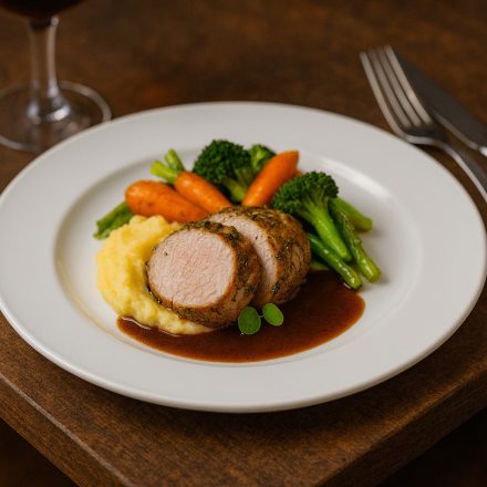 Boj fehér porcelán 23 cm-es menüs tányéron sülthús burgonyapürével és zöldségekkel, elegáns éttermi tálalásban, fine dining hangulatban.