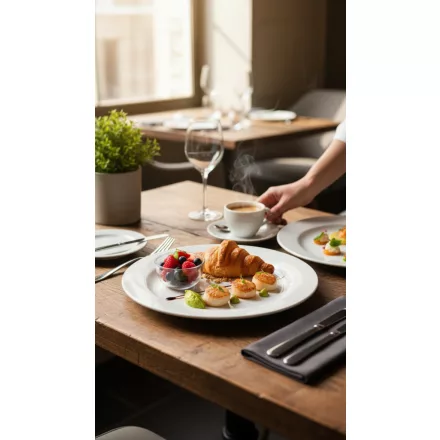 BOJ fehér porcelán menüs tányér 23 cm, elegáns tálalás főétellel – modern, minimalista porcelán tányér éttermek számára