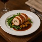 Boj fehér porcelán 23 cm-es menüs tányéron töltött csirkemell zöldbabbal, sült burgonyával és mártással, elegáns fine dining éttermi tálalásban, borospohárral a háttérben.