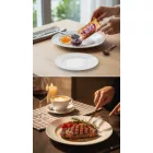 Boj fehér porcelán 20 cm-es desszertes tányér elegáns fine dining tálalásban, modern éttermi környezetben, ízlésesen tálalt étellel és letisztult asztali hangulattal.