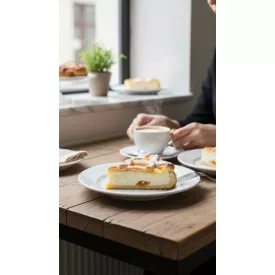 BOJ fehér porcelán desszertes tányér 19 cm tortaszelettel – ínycsiklandó tálalás kávé mellé, éttermek és cukrászdák részére