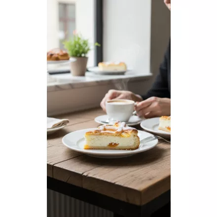 BOJ fehér porcelán desszertes tányér 19 cm tortaszelettel – ínycsiklandó tálalás kávé mellé, éttermek és cukrászdák részére