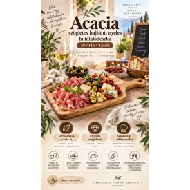 Szögletes Acacia fa tálalódeszka hajlított nyéllel sajtok és felvágottak kínálásához