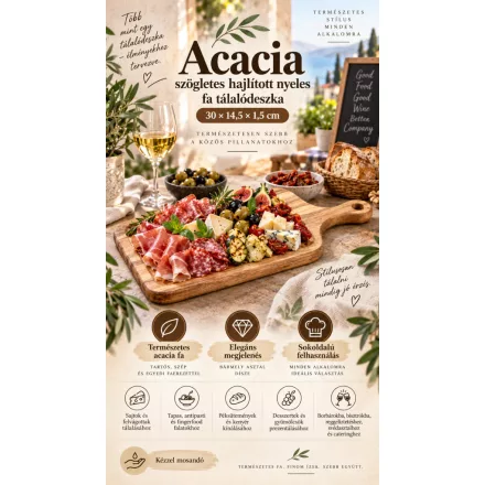Szögletes Acacia fa tálalódeszka hajlított nyéllel sajtok és felvágottak kínálásához