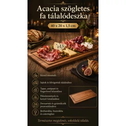 Acacia szögletes akácfa tálalódeszka 40×20×1,5 cm-es méretben