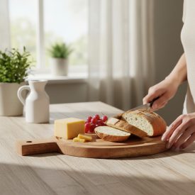 Acacia kerek nyeles fa tálalódeszka 14x19x1,5 cm