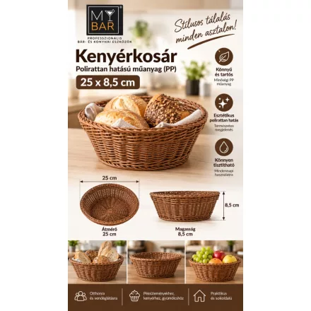 Polirattan hatású műanyag (PP) kerek kenyérkosár 25x8,5 cm