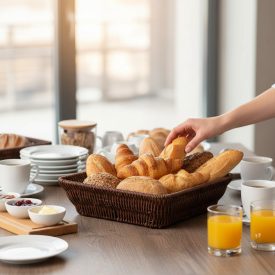 reggeli büfé kenyérkosárral és péksüteményekkel