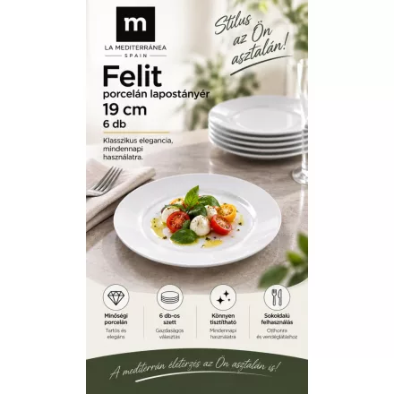 Felit fehér színű 19 cm-es porcelán lapostányér