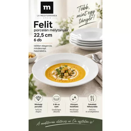 Felit fehér színű 22,5 cm-es porcelán mélytányér