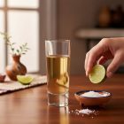 Indro Baby feles pohár 60 ml, aranyszínű tequilával, prémium mexikói hangulatban