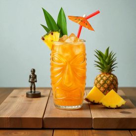 TIKI koktélos pohár 590 ml, spanyol üveg – részletgazdag tiki arc mintával, prémium minőségű koktélpohár trópusi italokhoz