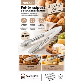 HACCP fehér csipesz 30 cm – rozsdamentes, kagylófejű, matt csúszásgátló markolattal, pékáruhoz és sajthoz, Német minőség