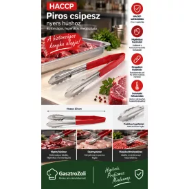 HACCP piros csipesz 23 cm – rozsdamentes, kagylófejű, matt csúszásgátló bevonattal, nyers húshoz, Német minőség