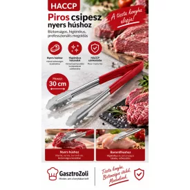 HACCP piros csipesz 30 cm – rozsdamentes, kagylóformájú fej, matt csúszásgátló markolat; nyers húshoz, Német minőség